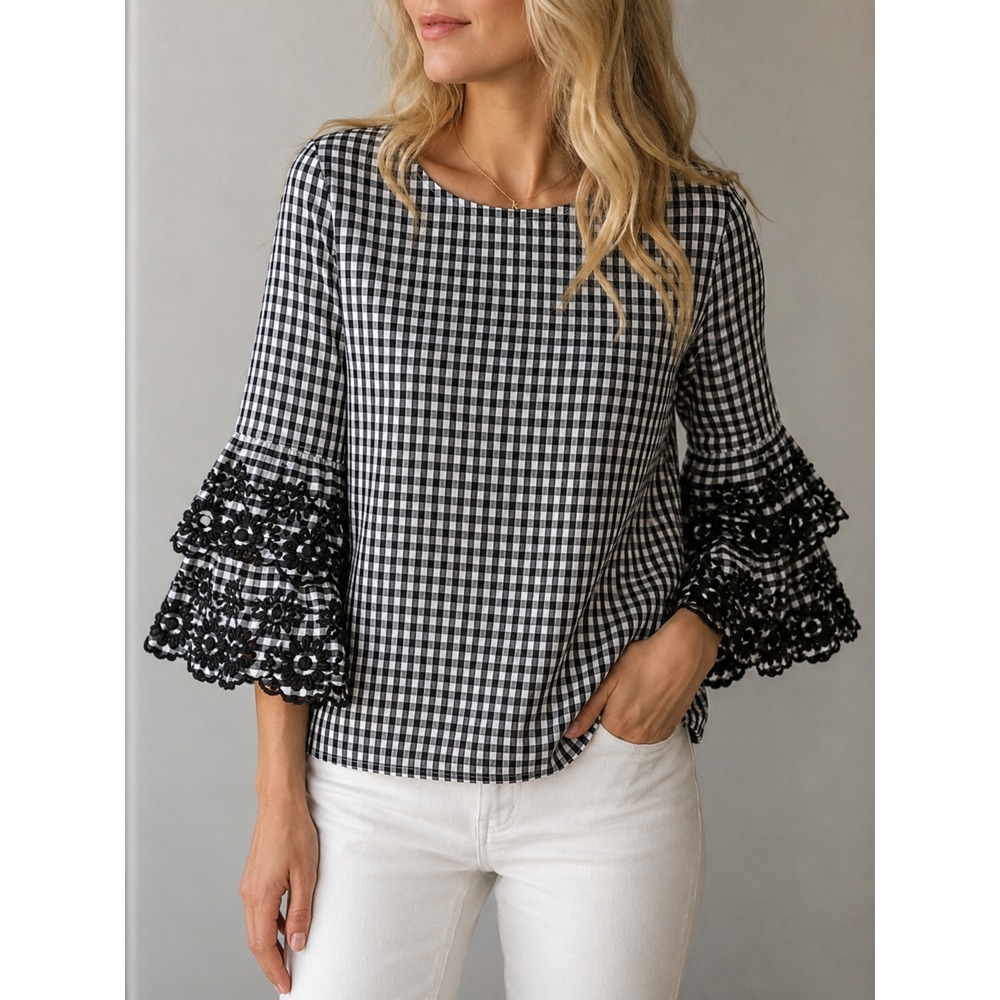 J.Crew Gingham Top Bell Sleeve Lace Detail Black White Size 2 Chic